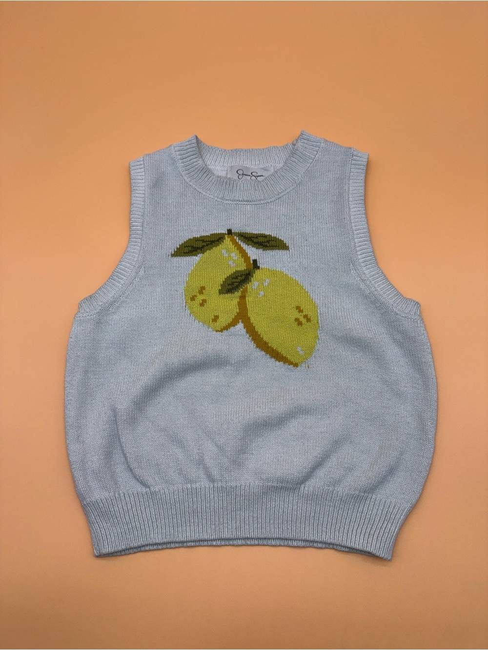 Jessica Simpson Lemon Knit Sweater Vest Fruit Graphic Cottagecore Coastal Preppy